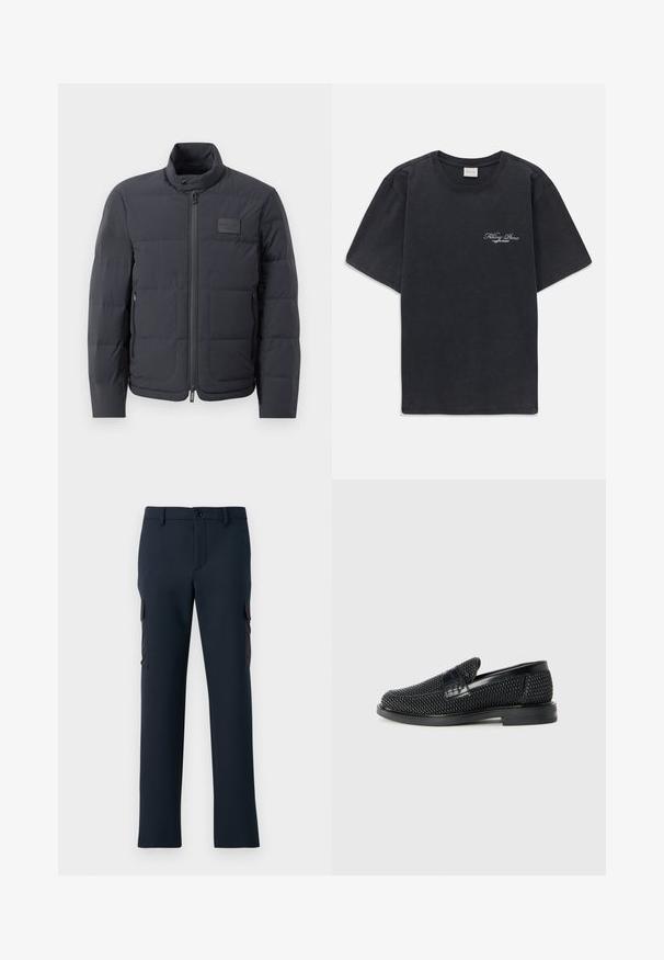 Zwarte pufferjack met een hoge kraag, gewatteerde textuur en een rits aan de voorkant. Beschikt over een klein logo-opdruk op de linkerborst en zijzakken.; Zwarte korte mouwen crew neck t-shirt met klein wit "Filling Pieces" tekstlogo op de linkerborst.; Marineblauwe cargo-broek van een gladde stof, met zijzakken, een sluiting met een knoop aan de voorkant en een recht model.; Zwartegeweven instap schoenen met een glad leren accent aan de bovenkant, een ronde neusontwerp en een laag profiel rubberen zool.