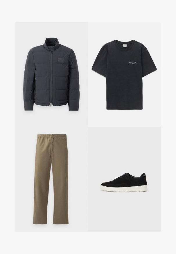 Juodas pūkuotas džemperis su aukštu kaklu, siuvinėta tekstūra ir priekiniais užtrauktukais. Yra mažas logotipo pleistras kairėje krūtinės pusėje ir šoniniai kišeniai.; Juodas trumpomis rankovėmis, apvaliu kaklu marškinėliai su mažu baltu "Filling Pieces" tekstiniu logotipu kairiajame krūtinės kampe.; Šviesiai rudos kelnes, pagamintas iš lengvos medžiagos. Turite elastinę juosmenį, užsegimą mygtuku, tiesius kojų kirpimus ir lygią tekstūrą.; Juodos veliūrinės sportinės bateliai su raištelių dizainu ir kontrastinga balta gumine padais. Yra tekstūruoti šoniniai skydeliai ir subtilus logotipas ant kulno.