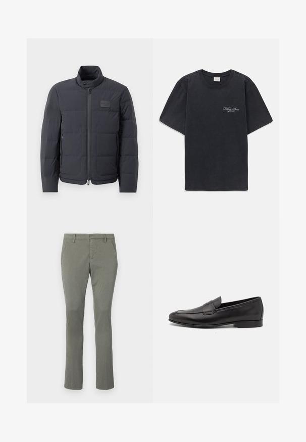 Crna puf jakna s visokim ovratnikom, kviltanom teksturom i prednjim zatvaračem. Ima mali logotip na lijevoj strani prsnog dijela i bočne džepove.; Crna majica kratkih rukava s okruglim izrezom s malim bijelim logotipom "Filling Pieces" na lijevoj strani prsnog koša.; Sive chinos s ravnim krojem, s dva bočna džepa i čistim pojasom. Napravljeni od glatkog, laganog materijala.; Crne kožne muške mokasine s niskom petom i klasičnim dizajnom trake za novčiće, prikazane u bočnom profilu na bijeloj pozadini.