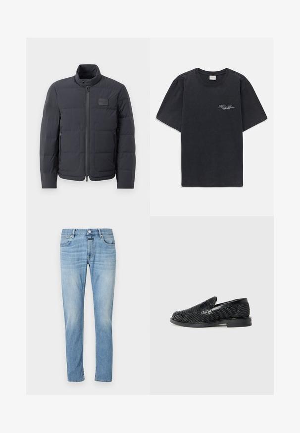 Doudoune noire avec un col montant, texture matelassée et fermeture éclair à l'avant. Elle possède une petite étiquette avec logo sur la poitrine gauche et des poches latérales.; T-shirt noir à manches courtes et col rond avec un petit logo « Filling Pieces » en blanc sur la poitrine gauche.; Jean en denim bleu clair avec une coupe droite, cinq poches et des coutures visibles. Le tissu semble doux avec une finition délavée.; Chaussure slip-on tissée noire avec un accent en cuir lisse sur le dessus, un design à bout rond et une semelle en caoutchouc à profil bas.