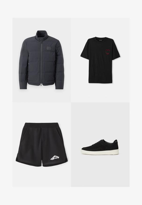 Black puffer jacket with a high collar, quilted texture, and a front zipper. Features a small logo patch on the left chest and side pockets.; Black cotton t-shirt with short sleeves, featuring a red embroidered heart design on the left chest. Classic crew neckline, relaxed fit.; Black athletic shorts made of soft fabric with an elastic waistband. Featuring side pockets and a white logo on the front.; Black suede sneaker with lace-up design and contrasting white rubber sole. Features textured side panels and subtle branding on the heel.