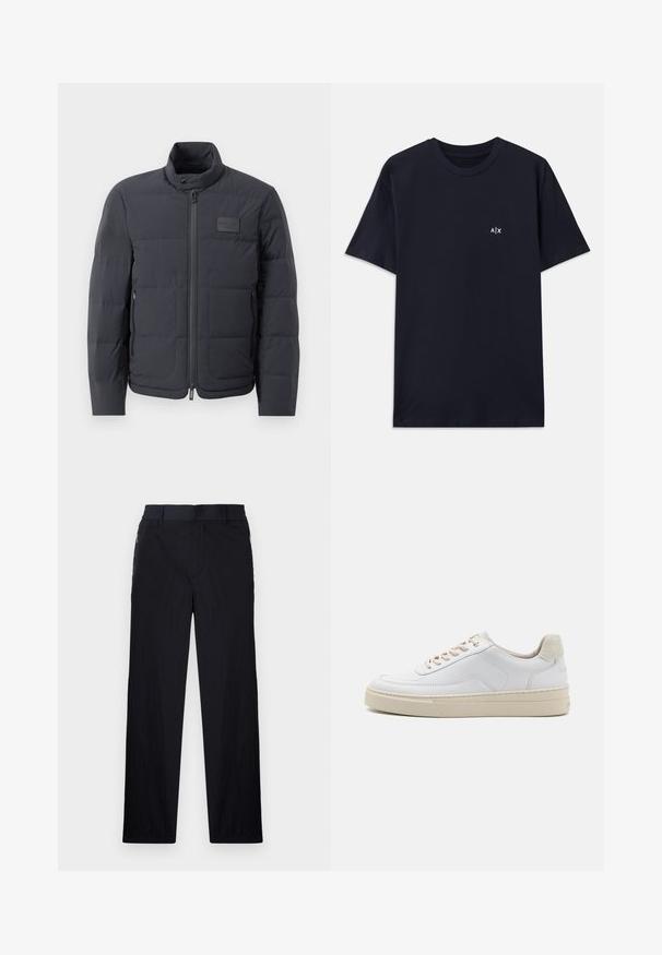 Juodas pūkuotas džemperis su aukštu kaklu, siuvinėta tekstūra ir priekiniais užtrauktukais. Yra mažas logotipo pleistras kairėje krūtinės pusėje ir šoniniai kišeniai.; Tamsiai mėlynas medvilninis marškinėliai su trumpomis rankovėmis ir apykakle. Yra nedidelis baltas "A|X" logotipas kairėje krūtinės pusėje.; Juodos kelnės, pagamintos iš lengvos tekstūruotos medžiagos, tiesaus silueto, su elastingu juosmeniu ir šoniniais užtrauktukų kišenėmis.; Baltas sportinis batelis su glotnia odine viršutine dalimi, bežinėmis raištelėmis ir struktūrizuota bežine zomšinėmis kulno juostele. Pade jaučiamas aukštis.
