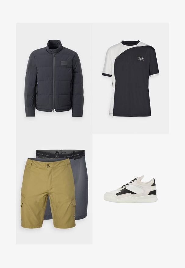 Chaqueta acolchada negra con cuello alto, textura acolchada y cierre frontal. Presenta un pequeño parche con logo en el pecho izquierdo y bolsillos laterales.; Camiseta de manga corta con un diseño bicolor en blanco y negro, con una textura suave y un logo de EA7 en el frontal.; Dos pares de pantalones cortos: uno en verde oliva con bolsillos y una cinturilla texturizada, y otro en gris oscuro con una malla visible debajo.; Zapatilla blanca y negra con materiales de piel y ante, diseño perforado, cierre con cordones y suela blanca texturada.