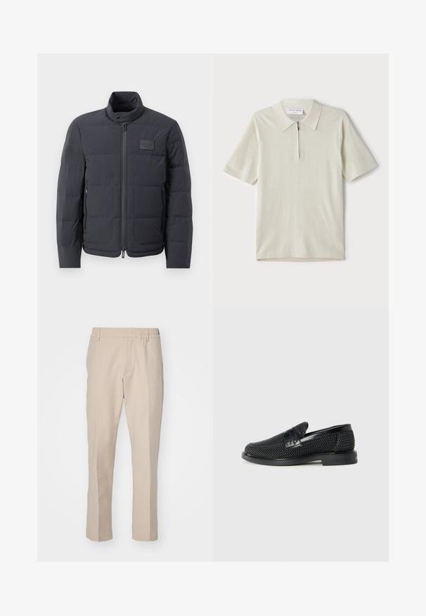 Fekete steppelt dzseki magas gallérral, steppelt textúrával és elülső cipzárral. Bal mellkason egy kis logófolt található, valamint oldalsó zsebek.; Rövid ujjú, világosbézs pólóing, cipzáras gallérral. Simás anyagból készült, egyszerű, modern dizájnnal, minta nélkül.; Beige nadrág sima felülettel, egyenes szabással és rugalmas derékkal. Oldalsó zsebekkel rendelkezik, és semleges színe miatt sokoldalú öltözetekhez ideális.; Fekete szőtt slip-on cipő sima bőr díszítéssel a felsőrészen, kerek orral és alacsony profilos gumitalppal.