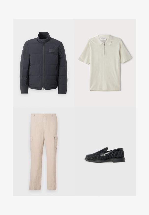 Zwarte pufferjack met een hoge kraag, gewatteerde textuur en een rits aan de voorkant. Beschikt over een klein logo-opdruk op de linkerborst en zijzakken.; Korte mouwen polo in lichtbeige met een ritskraag. Gemaakt van gladde stof, voorzien van een eenvoudig, modern ontwerp zonder patronen.; Beige cargobroek van linnen met twee zijzakken, een voorknopsluiting en een recht gesneden ontwerp met een gladde textuur.; Zwartegeweven instap schoenen met een glad leren accent aan de bovenkant, een ronde neusontwerp en een laag profiel rubberen zool.