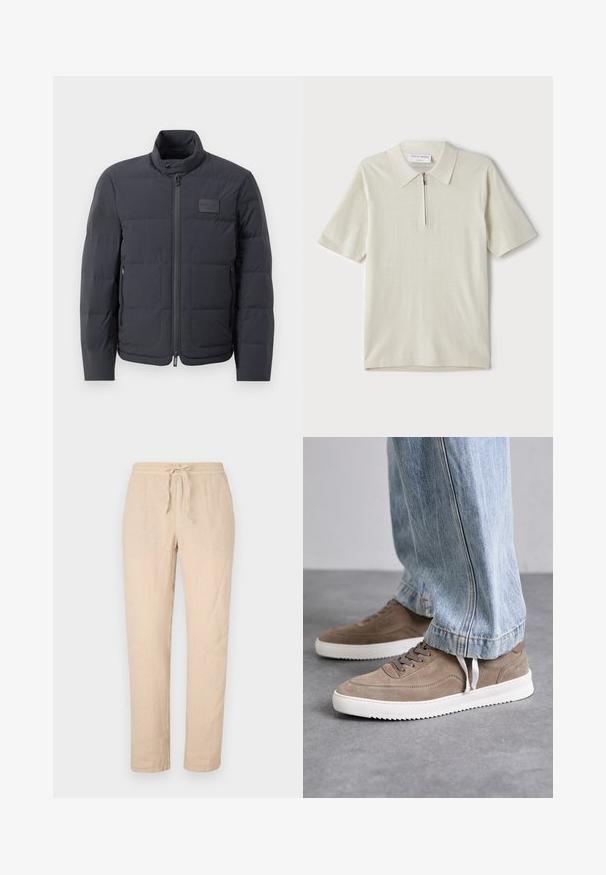 Černá péřová bunda s vysokým límcem, prošívanou strukturou a předním zipem. Obsahuje malé logo na levé straně hrudi a boční kapsy.; Pánská polo košile s krátkým rukávem v světlé béžové barvě, s límcem na zip. Vyrobena z hladkého materiálu, s jednoduchým, moderním designem bez vzorů.; Béžové lněné kalhoty s elastickým pasem, rovnými nohavicemi a měkkým, texturovaným povrchem. Obsahují dvě boční kapsy a minimální švy.; Hnědé semišové tenisky s bílými gumovými podrážkami, vybavené kulatými tkaničkami a nízkým designem. Džíny částečně zakrývají boty.