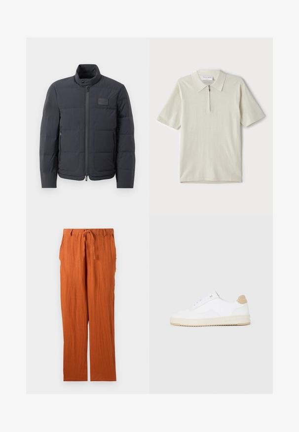 Crna puf jakna s visokim ovratnikom, kviltanom teksturom i prednjim zatvaračem. Ima mali logotip na lijevoj strani prsnog dijela i bočne džepove.; Polo majica kratkih rukava u svijetloj bež boji s zatvaračem na ovratniku. Napravljena od glatkog materijala, sadrži jednostavan, moderan dizajn bez uzoraka.; Hlače boje rđe izrađene od teksturirane tkanine, s pojasom na vezanje i ravnim nogavicama. Jednostavan i neukrašen stil.; Bijele niske tenisice s gornjim dijelom od teksturirane kože, kremasto žljebastim potplatom i smeškim akcentom na peti. Imaju bijele vezice i detalj s logotipom na peti.