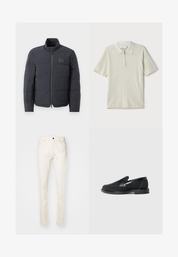 Fekete steppelt dzseki magas gallérral, steppelt textúrával és elülső cipzárral. Bal mellkason egy kis logófolt található, valamint oldalsó zsebek.; Rövid ujjú, világosbézs pólóing, cipzáras gallérral. Simás anyagból készült, egyszerű, modern dizájnnal, minta nélkül.; Beige, slim fit, pamut farmernadrág, elöl gombbal, öt zsebbel és finom varrási részletekkel. Sima felület és szűkített lábszár.; Fekete szőtt slip-on cipő sima bőr díszítéssel a felsőrészen, kerek orral és alacsony profilos gumitalppal.