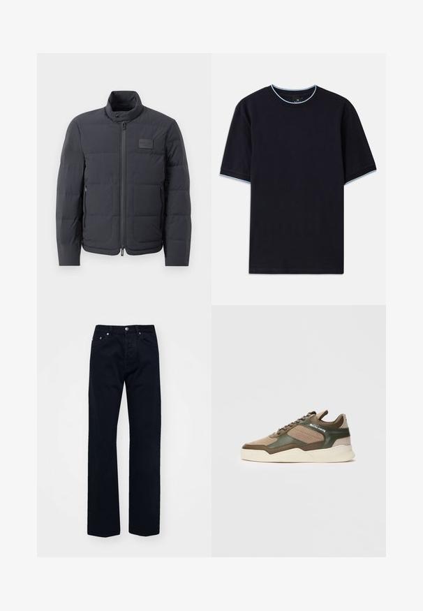 Črna napihnjena jakna z visokim ovratnikom, prešito teksturo in sprednjim zadrgo. Ima majhno logo nalepko na levem prsnem delu in stranske žepe.; Temno modra kratka majica s kratkimi rokavi in okroglim izrezom, s svetlo modrimi poudarki na ovratniku in rokavih. Narejena iz mehke bombažne tkanine.; Črne jeans hlače naravnega kroja s ravnim nogavico, z gumbom in zadrgo, petimi žepi ter tonirano šivanko.; Bež in zelena nizka športna obutev s perforiranimi stranmi, belim podplatom, vezanjem spredaj in blagovno znamko "FILLING PIECES" na stranskem panelu.