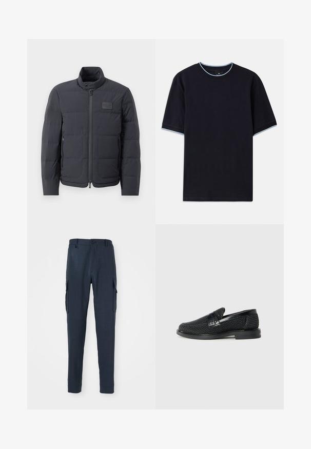 Musta puffatakki korkealla kauluksella, tikattu pinta ja vetoketju edessä. Sisältää pienen logopatchin vasemmassa rinnassa sekä sivutaskut.; T-paita tummansinisestä lyhythihaisesta kankaasta pyöreällä kaula-aukolla, jossa vaaleansininen yksityiskohta kauluksessa ja hihoissa. Valmistettu pehmeästä puuvillakankaasta.; Laivaston cargo-housut, joissa on teksturoitu kangas, kapeat mitat, nappisulku vyötäröllä ja sivutaskut käytännöllisyyden lisäämiseksi.; Musta kudottu liukupohjallinen kenka, jossa on sileä nahkakorostus päällisessä, pyöreä kärki ja matala kumipohja.