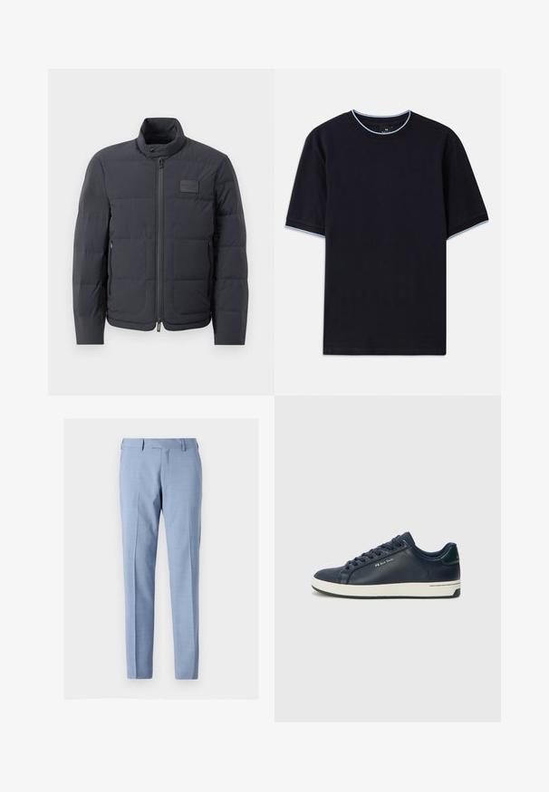 Črna napihnjena jakna z visokim ovratnikom, prešito teksturo in sprednjim zadrgo. Ima majhno logo nalepko na levem prsnem delu in stranske žepe.; Temno modra kratka majica s kratkimi rokavi in okroglim izrezom, s svetlo modrimi poudarki na ovratniku in rokavih. Narejena iz mehke bombažne tkanine.; Svijetloplave hlače od laganog materijala, s ravnim krojem, prednjim džepovima i suptilnom teksturom po cijeloj površini.; Morske usnjene superge z belo gumijasto podplatom, okroglo konico in ravnimi vezalkami. Imajo zeleni poudarek na peti in diskreten logotip blagovne znamke na strani.