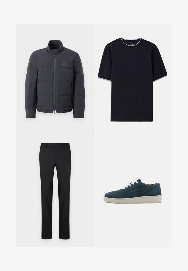 Czarna kurtka puchowa z wysokim kołnierzem, pikowanym wzorem i zamkiem z przodu. Posiada małą naszywkę z logo na lewej piersi oraz kieszenie boczne.; Ciemnoniebieska koszulka z krótkim rękawem i okrągłym dekoltem, z jasnoniebieskim akcentem na kołnierzu i rękawach. Wykonana z miękkiej bawełnianej tkaniny.; Czarne spodnie o dopasowanym kroju, proste nogawki, standardowe szlufki na pasek i gładka tekstura. Brak widocznych wzorów lub elementów metalowych.; Niebieskie zamszowe trampki z zaokrąglonym czubkiem, białymi sznurowadłami i gumową podeszwą. Mają subtelne przeszycia oraz akcent z logo z boku.