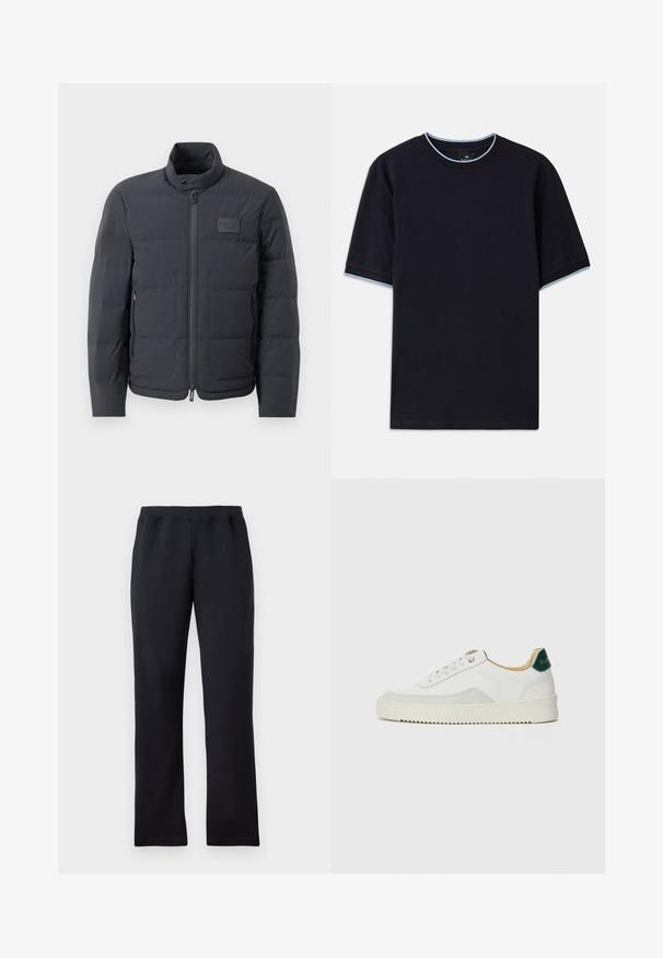 Jachetă puf neagră cu guler înalt, textură matlasată și fermoar frontal. Are un badge logo mic pe pieptul stâng și buzunare laterale.; Tricou scurt cu mânecă scurtă de culoare albastru închis, cu un guler rotund, având accente de culoare albastru deschis la guler și la mâneci. Fabricat dintr-un material moale din bumbac.; Pantaloni de trening negri, drepti, cu talie elastică, expuși plat pe un fundal alb.; Sneaker alb cu accente din suede, vârf rotund, șireturi plate și o talpă din cauciuc crem. Are un logo verde pe călcâie.