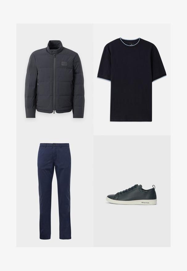 Crna puf jakna s visokim ovratnikom, kviltanom teksturom i prednjim zatvaračem. Ima mali logotip na lijevoj strani prsnog dijela i bočne džepove.; Tamno plava kratka majica s kapućinom, s okruglim izrezom, s svijetloplavim detaljima na ovratniku i rukavima. Izrađena od mekog pamučnog materijala.; Tamno plave hlače ravnog kroja s kopčanjem na gumb i patentni zatvarač, petljama za pojas i bočnim džepovima, prikazane na bijeloj pozadini.; Tamno plave kožne tenisice s glatkom površinom, okruglim vrhom, vezanjem na šest rupica i kontrastnom bijelom gumom. Imaju brendiranje sa strane.
