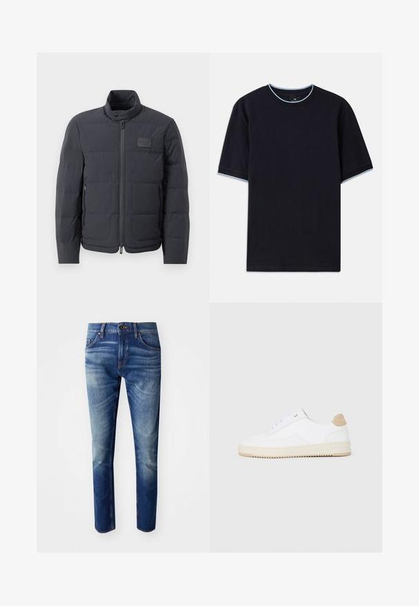 Must musternakk, millel on kõrge kaelus, tikkimise tekstuur ja esi tõmblukk. Iseloomustab väike logopatch vasakul rinnal ja küljetaskud.; Tume sinine lühikese varrukaga t-särk ümmarguse kaelusega, millel on helesinised aktsendid kaeluse ja varrukate ümber. Valmistatud pehmest puuvillast kangast.; Kitsad vabaaja teksad valmistatud denimist keskmise kuni tumeda sinise pesu värvuses. Omavad viit taskut, nööbi kinnitust ning kerget pleekimist reitel.; Valged madala varsaga tennisetooted, mille pealmine on tekstuuriga nahast, kreemja soonikuga tald ja pruuni tooni kand. Omab valgeid paelu ja logodetaile kanna peal.