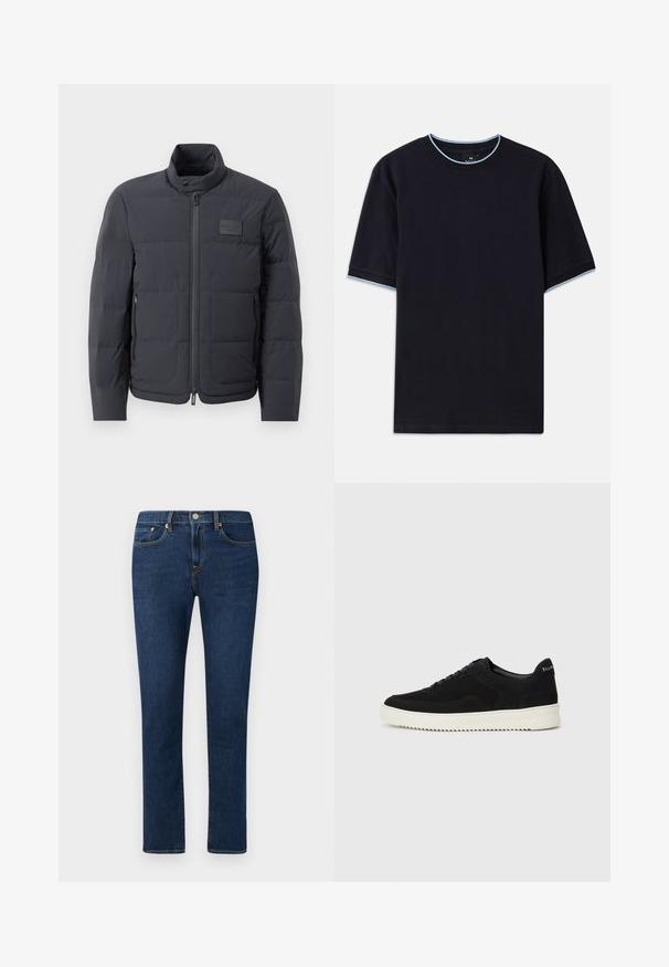 Juodas pūkuotas džemperis su aukštu kaklu, siuvinėta tekstūra ir priekiniais užtrauktukais. Yra mažas logotipo pleistras kairėje krūtinės pusėje ir šoniniai kišeniai.; Tamsiai mėlynas trumpas rankovės marškinėlis su apvalia iškirpte, su šviesiai mėlynu akcentu ant apykaklės ir rankovių. Pagamintas iš švelnaus medvilnės audinio.; Tamsiai mėlynos džinsinės kelnes su tiesiu įdėjimu, pasižyminčios klasikinio penkių kišenių stiliumi ir mygtukų uždarymu liemens srityje.; Juodos veliūrinės sportinės bateliai su raištelių dizainu ir kontrastinga balta gumine padais. Yra tekstūruoti šoniniai skydeliai ir subtilus logotipas ant kulno.