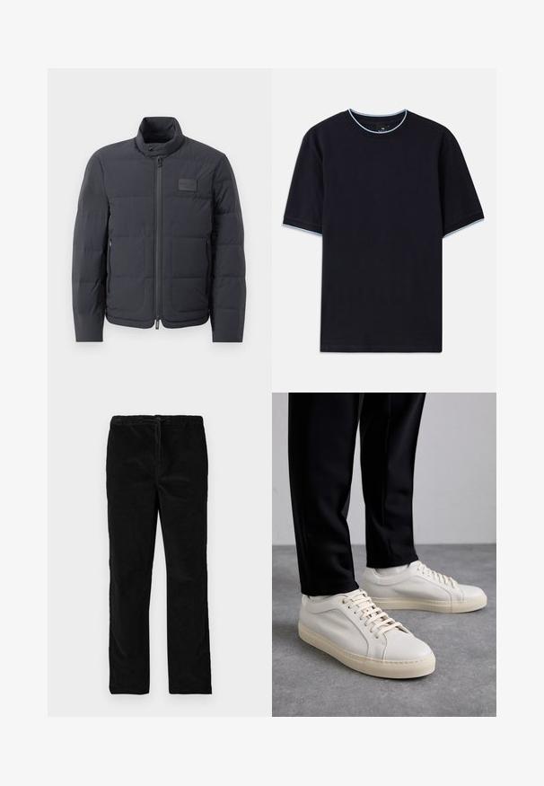 Black puffer jacket with a high collar, quilted texture, and a front zipper. Features a small logo patch on the left chest and side pockets.; Dark blue short-sleeve t-shirt with a round neckline, featuring light blue accent at the collar and sleeves. Made of soft cotton fabric.; Black straight-leg velvet pants with elastic waistband and front drawstring, displayed against a plain white background.; Light beige leather sneakers with flat laces, a textured surface, and a contrasting cream-colored rubber sole, paired with black tapered pants.