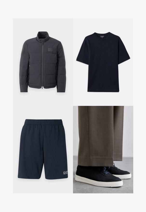 Juodas pūkuotas džemperis su aukštu kaklu, siuvinėta tekstūra ir priekiniais užtrauktukais. Yra mažas logotipo pleistras kairėje krūtinės pusėje ir šoniniai kišeniai.; Tamsiai mėlyna marškinėliai su tekstūruotu raštu, apvaliu iškirpimu ir trumpomis rankovėmis. Diskretiškas logotipo detalė krūtinėje, pagaminti iš minkštos medvilnės audinio.; Tamsiai mėlynos elastingos juostos šortai, pagaminti iš minkštos medžiagos, turi šonines kišenes ir mažą baltą EA7 logotipą apatinėje kairėje kojoje.; Juodi zomšiniai sportbačiai su baltais guminiais padais, su apvalia nosimi ir raišteliais, dėvimi su pilkais pritaikytais kelnais.