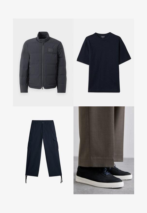 Zwarte pufferjack met een hoge kraag, gewatteerde textuur en een rits aan de voorkant. Beschikt over een klein logo-opdruk op de linkerborst en zijzakken.; Marineblauwe T-shirt met een gestructureerd patroon, ronde halslijn en korte mouwen. Subtiele logo-detail op de borst, gemaakt van zachte katoen.; Marine cargobroeken met meerdere zijzakken, een relaxte pasvorm, strikjes bij de zoom en een gladde stof.; Zwarte suède sneakers met witte rubberen zolen, voorzien van een ronde neus en veters, gedragen met grijze tailored broek.