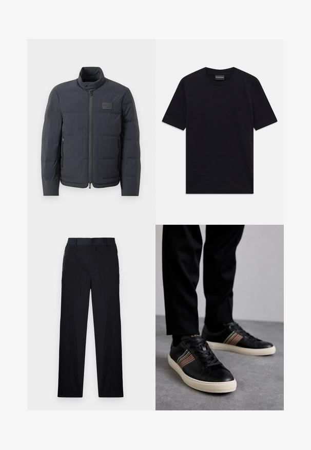 Black puffer jacket with a high collar, quilted texture, and a front zipper. Features a small logo patch on the left chest and side pockets.; Black short-sleeve crew neck T-shirt with subtle embossed pattern and brand label inside collar, laid flat on white background.; Black trousers featuring a lightweight, textured fabric, straight-leg design, elastic waistband, and side zip pockets.; Black leather sneakers with multicolored striped accents, round toe, and white rubber soles, featuring lace-up design and embossed branding.