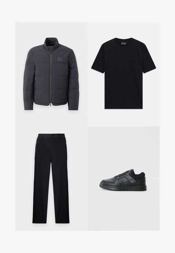 Crna puf jakna s visokim ovratnikom, kviltanom teksturom i prednjim zatvaračem. Ima mali logotip na lijevoj strani prsnog dijela i bočne džepove.; Crna kratkotrajna majica s okruglim izrezom i suptilnim reljefnim uzorkom, s oznakom branda unutar ovratnika, položena ravno na bijeloj pozadini.; Crne hlače od lagane, teksturirane tkanine, ravnog kroja, s elastičnom gumicom u struku i bočnim džepovima sa zatvaračem.; Crne tenisice s glatkim kožnim gornjim dijelom, mrežastim akcentima, perforiranim detaljima i teksturiranom gumenenom potplatom s niskim profilom.