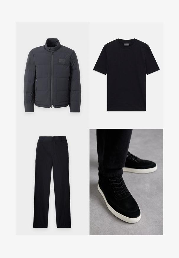 Crna puf jakna s visokim ovratnikom, kviltanom teksturom i prednjim zatvaračem. Ima mali logotip na lijevoj strani prsnog dijela i bočne džepove.; Crna kratkotrajna majica s okruglim izrezom i suptilnim reljefnim uzorkom, s oznakom branda unutar ovratnika, položena ravno na bijeloj pozadini.; Crne hlače od lagane, teksturirane tkanine, ravnog kroja, s elastičnom gumicom u struku i bočnim džepovima sa zatvaračem.; Crne nubuk visoke tenisice s bijelim gumiranim potplatom, s vezicama i detaljima šivanja, postavljene na neutralnoj pozadini.