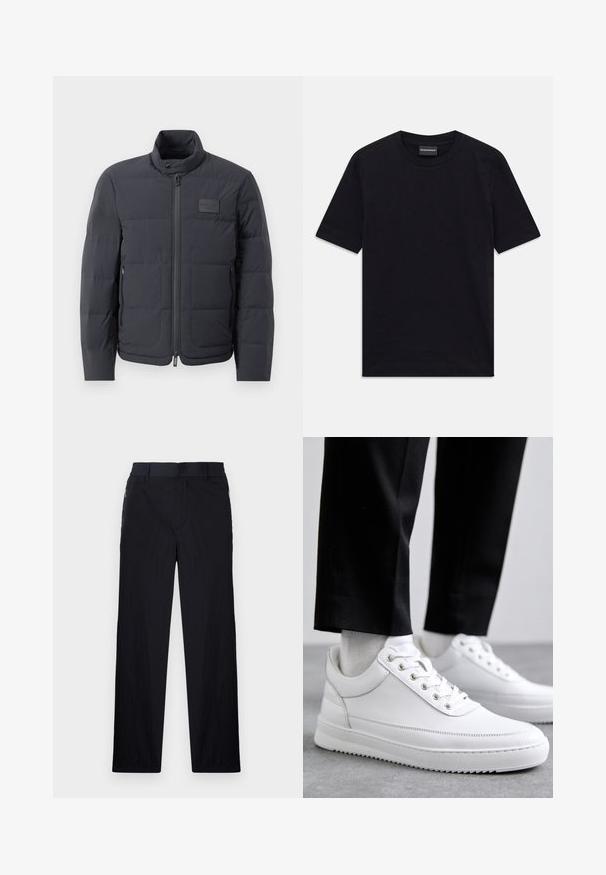 Črna napihnjena jakna z visokim ovratnikom, prešito teksturo in sprednjim zadrgo. Ima majhno logo nalepko na levem prsnem delu in stranske žepe.; Črna kratka majica s kratkimi rokavi in okroglim izrezom z diskretnim embossanim vzorcem in oznako blagovne znamke znotraj ovratnika, razporejena na beli podlagi.; Črne hlače iz lahke, teksturirane tkanine, ravne noge, elastičen pas in stranski žepki na zadrgo.; Bela usnjena teniska obutev z ravnim gumjastim podplatom, z gladko površino, okroglo kapico in kovinskimi luknjami za vezalke. Nosi se z črnimi hlačami.