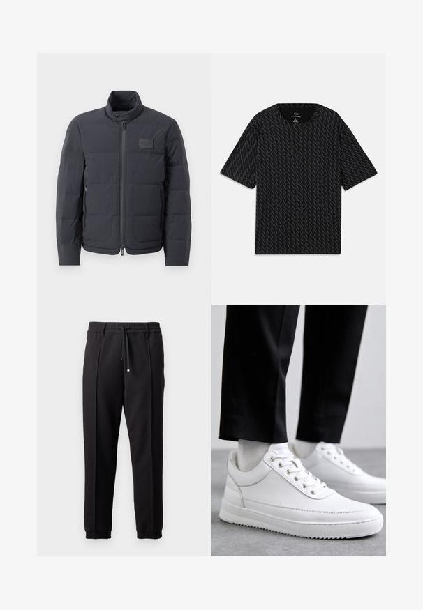 Black puffer jacket with a high collar, quilted texture, and a front zipper. Features a small logo patch on the left chest and side pockets.; Black T-shirt featuring a textured pattern of alternating 'A' logos, short sleeves, and a crew neckline. Made from lightweight fabric.; Black trousers with a waistband, drawstring, and elastic cuffs. Features pleats and a smooth, textured fabric.; White leather sneakers with a flat rubber sole, featuring a smooth finish, round toe, and metal eyelets for laces. Worn with black pants.