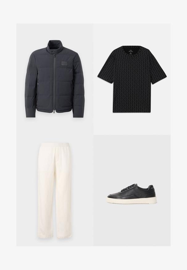 Zwarte pufferjack met een hoge kraag, gewatteerde textuur en een rits aan de voorkant. Beschikt over een klein logo-opdruk op de linkerborst en zijzakken.; Zwarte T-shirt met een gestructureerd patroon van afwisselende 'A' logo's, korte mouwen en een ronde hals. Gemaakt van lichte stof.; Lichte, crèmekleurige broek met een elastische tailleband, rechte pijpen en een subtiele textuur. Heeft geen zichtbare zakken.; Zwarte leren sneaker met een gestructureerde afwerking, ronde neus en platte witte rubberen zool. Voorzien van zwarte veters en merklabel op de hiel.