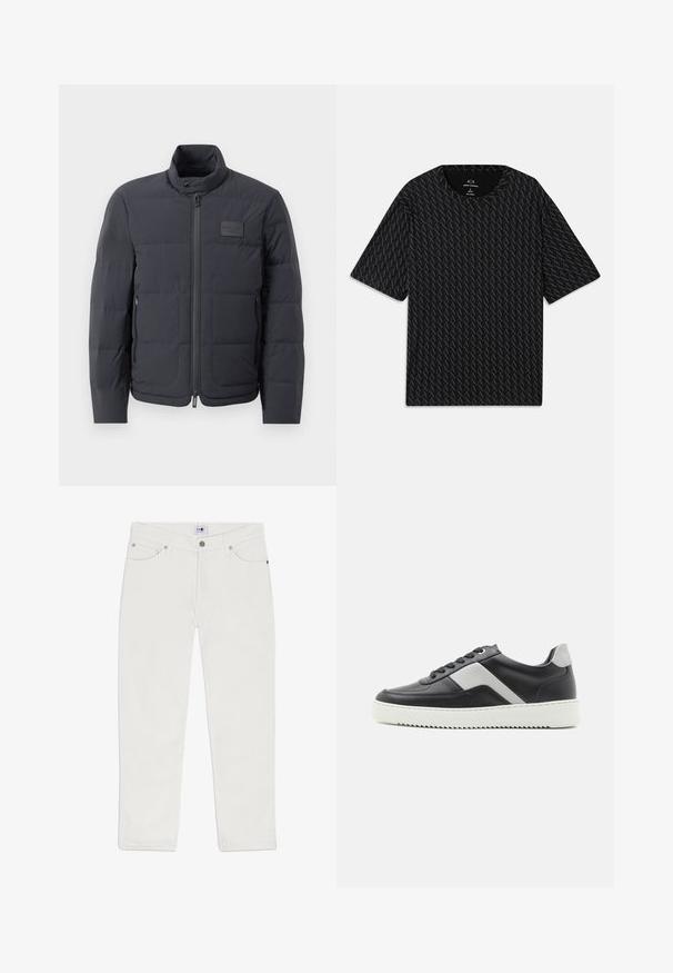 Musta puffatakki korkealla kauluksella, tikattu pinta ja vetoketju edessä. Sisältää pienen logopatchin vasemmassa rinnassa sekä sivutaskut.; Mustat T-paita, jossa on teksturoitu kuvio, jossa vuorottelevat 'A' -logot, lyhyet hihat ja pyöreä pääntie. Valmistettu kevyestä kankaasta.; Valkoiset farkut suoran mitoituksen, viiden taskun muotoilun ja hopeanväristen yksityiskohtien kanssa. Materiaali on sileä ja koruton.; Mustat nahkaiset sneakerit harmailla yksityiskohdilla, valkoinen kumipohja, pyöreä kärki ja kuusi mustaa reikää kengännauhoille. Teksturoitu sivupaneelin yksityiskohta.