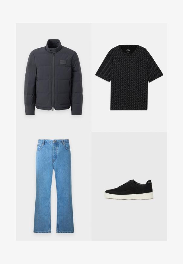 Giubbotto imbottito nero con colletto alto, texture trapuntata e zip frontale. Presenta una piccola patch con logo sul lato sinistro del petto e tasche laterali.; T-shirt nera con un motivo testurizzato di loghi 'A' alternati, maniche corte e scollo rotondo. Realizzata in tessuto leggero.; Jeans in denim azzurro chiaro a zampa d'elefante con vita alta, cinque tasche e sfumature delicate. Presentano dettagli cuciti e chiusura con bottone.; Sneaker in suede nero con design con lacci e suola in gomma bianca a contrasto. Presenta pannelli laterali testurizzati e un marchio discreto sul tallone.