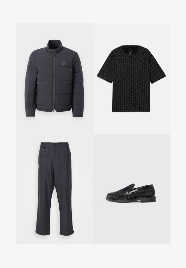 Zwarte pufferjack met een hoge kraag, gewatteerde textuur en een rits aan de voorkant. Beschikt over een klein logo-opdruk op de linkerborst en zijzakken.; Zwarte T-shirt met een gestructureerd patroon van afwisselende 'A' logo's, korte mouwen en een ronde hals. Gemaakt van lichte stof.; Grijze wollen broeken met een relaxte pasvorm, met twee voorkruiszakken, een knoopsluiting en een metalen ringaccent op de tailleband.; Zwartegeweven instap schoenen met een glad leren accent aan de bovenkant, een ronde neusontwerp en een laag profiel rubberen zool.
