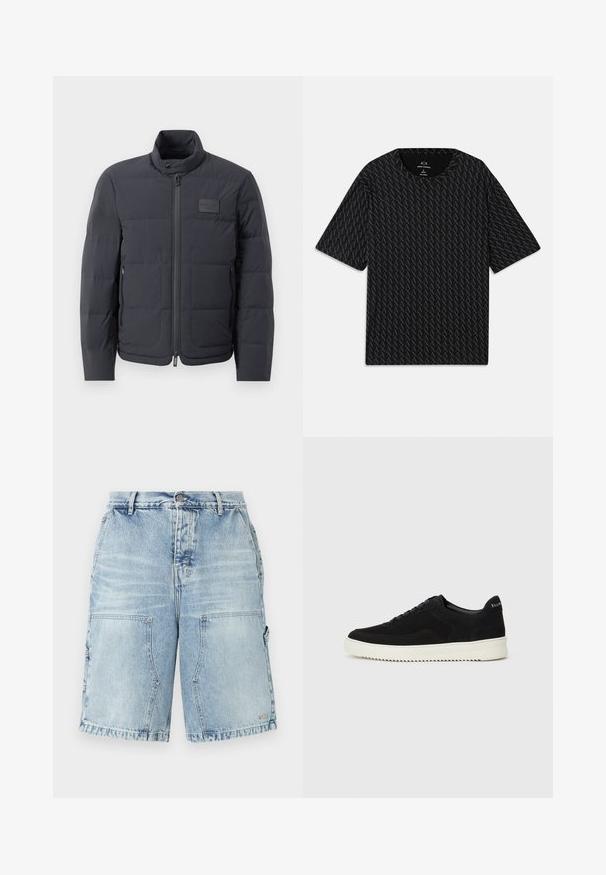 Svart puffjacka med hög krage, quiltad textur och dragkedja framtill. Har en liten logotipp på vänster bröst och sidfickor.; Svart T-shirt med ett strukturerat mönster av växlande 'A'-logotyper, korta ärmar och rundad halsringning. Tillverkad av lättviktsmaterial.; Ljusblå denimshorts med en avslappnad passform, som har två framfickor och ytterligare sidfickor. Sliten textur genom hela shortsen.; Svarta mockaskor med snörningsdesign och kontrasterande vita gummisulor. Har texturerade sidopaneler och diskret branding på hälen.