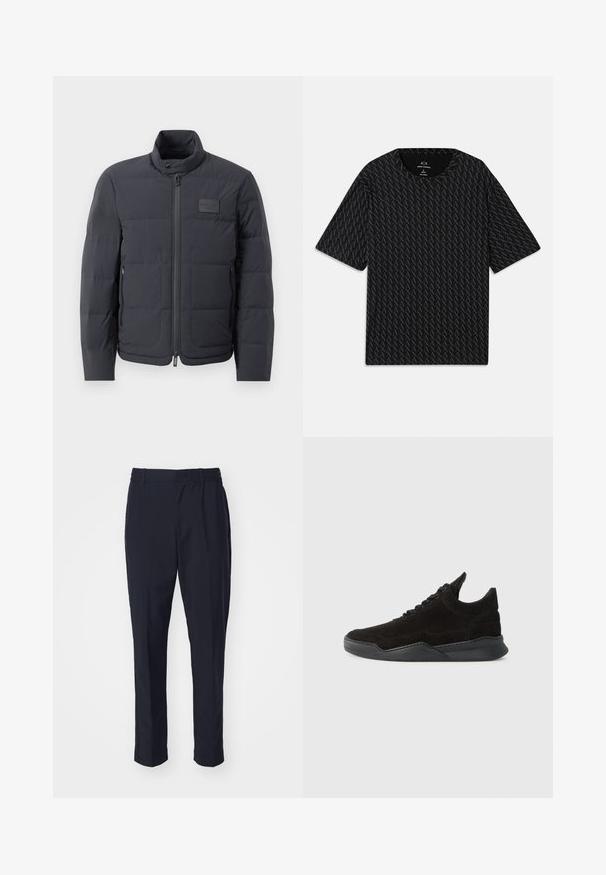 Crna puf jakna s visokim ovratnikom, kviltanom teksturom i prednjim zatvaračem. Ima mali logotip na lijevoj strani prsnog dijela i bočne džepove.; Crna majica s kratkim rukavima koja sadrži teksturirani uzorak izmjeničnih 'A' logotipa i okrugli izrez. Napravljena od laganog materijala.; Tamno plave hlače sa glatkom teksturom, elastičnim pojasom i suženim dizajnom nogavica. Nemaju vidljive džepove niti ukrase.; Crni nubuk tenisice s niskim profilom, teksturiranim gornjim dijelom, ravnim vezicama i čvrstim gumeni potplat s blagim đonom i zakrivljenim dizajnom.