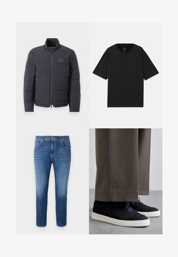 Μαύρο φουσκωτό μπουφάν με ψηλό γιακά, καπιτονέ υφή και φερμουάρ μπροστά. Διαθέτει μια μικρή επιγραφή λογότυπου στην αριστερή μεριά του στήθους και πλαϊνές τσέπες.; Μαύρο t-shirt με υφασμάτινο σχέδιο που εναλλάσσει λογότυπα "A", κοντά μανίκια και στρογγυλή λαιμόκοψη. Κατασκευασμένο από ελαφρύ ύφασμα.; Μπλε τζιν παντελόνι με ίσια γραμμή, σε ανοιχτούς και σκούρους τόνους, πέντε τσέπες, μεταλλικό κλείσιμο με κουμπί και ραμμένες λεπτομέρειες.; Μαύρα σουέντ αθλητικά παπούτσια με λευκές καουτσούκ σόλες, με στρογγυλή μύτη και κορδόνια, φορεμένα με γκρι προσαρμοσμένα παντελόνια.