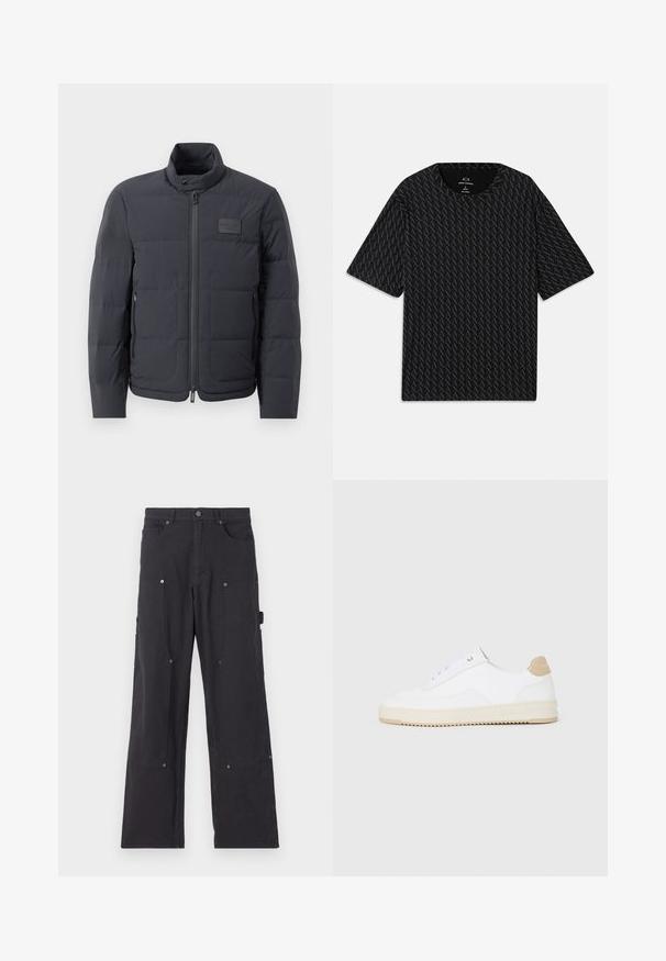 Chaqueta acolchada negra con cuello alto, textura acolchada y cierre frontal. Presenta un pequeño parche con logo en el pecho izquierdo y bolsillos laterales.; Camiseta negra con un patrón texturizado de logos 'A' alternados, mangas cortas y escote redondo. Fabricada con tejido ligero.; Pantalones cargo negros hechos de un tejido duradero con un diseño de pierna recta, que cuentan con bolsillos frontales, botones a presión y bolsillos laterales de utilidad.; Zapatillas bajas blancas con parte superior de cuero texturizado, suela de crema estriada y acento de talón en color tostado. Presentan cordones blancos y detalle del logotipo en el talón.