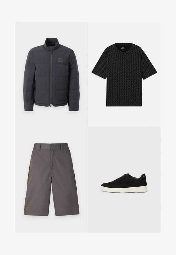 Must musternakk, millel on kõrge kaelus, tikkimise tekstuur ja esi tõmblukk. Iseloomustab väike logopatch vasakul rinnal ja küljetaskud.; Must mustläbiga T-särk, millel on tekstuurne muster vahelduvate 'A' logodega, lühikeste varrukatega ja ümar kaelus. Valmistatud kergest kangast.; Hallid hallid lühikesed püksid sujuvast kangast, külgede leopardimustrilised paneelid, siledad esiosad ja tavaline vöökoht.; Mustad suede jooksujalatsid, millel on paelad ja kontrastne valge kummitald. Omab tekstuuriga külgpaneele ja tagasihoidlikku brändimist kandadel.