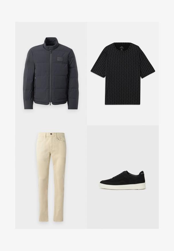 Fekete steppelt dzseki magas gallérral, steppelt textúrával és elülső cipzárral. Bal mellkason egy kis logófolt található, valamint oldalsó zsebek.; Fekete póló, váltakozó 'A' logók textúrájával, rövid ujjakkal és kerek nyakkivágással. Könnyű anyagból készült.; Bézs egyenes szárú nadrág, pamut keverékből készült. Öt zsebes kialakítással, övpántokkal, és fekete gombbal a deréknál.; Fekete velúr sportcipő fűzős dizájnnal és kontrasztos fehér gumitalppal. Jellemzői a textúrázott oldalpanelek és a diszkrét logó a sarokon.