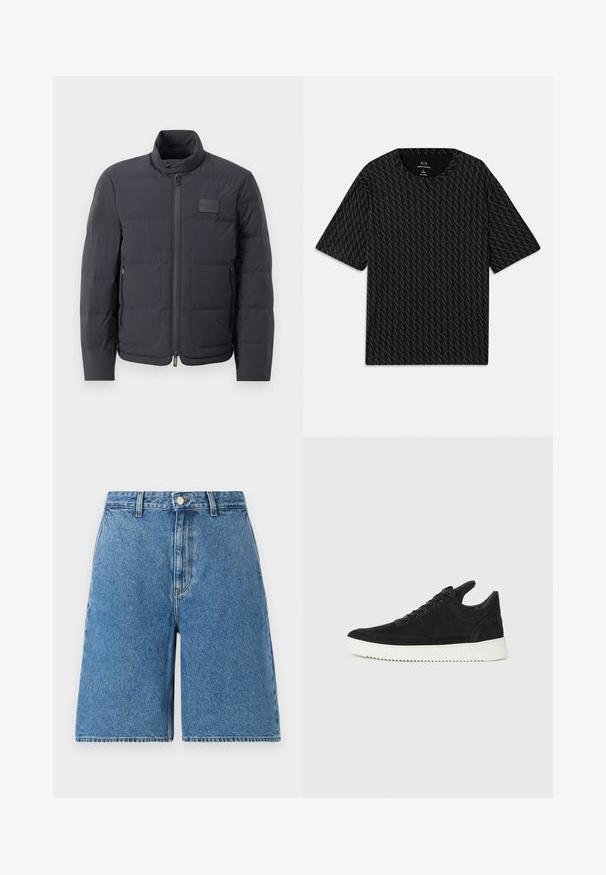 Black puffer jacket with a high collar, quilted texture, and a front zipper. Features a small logo patch on the left chest and side pockets.; Black T-shirt featuring a textured pattern of alternating 'A' logos, short sleeves, and a crew neckline. Made from lightweight fabric.; Blue denim shorts with a high waist, featuring a front button closure, side pockets, and a straight leg design.; Black suede sneaker with a white rubber sole, featuring tonal stitching and lace-up design. Smooth texture with a modern, streamlined shape.