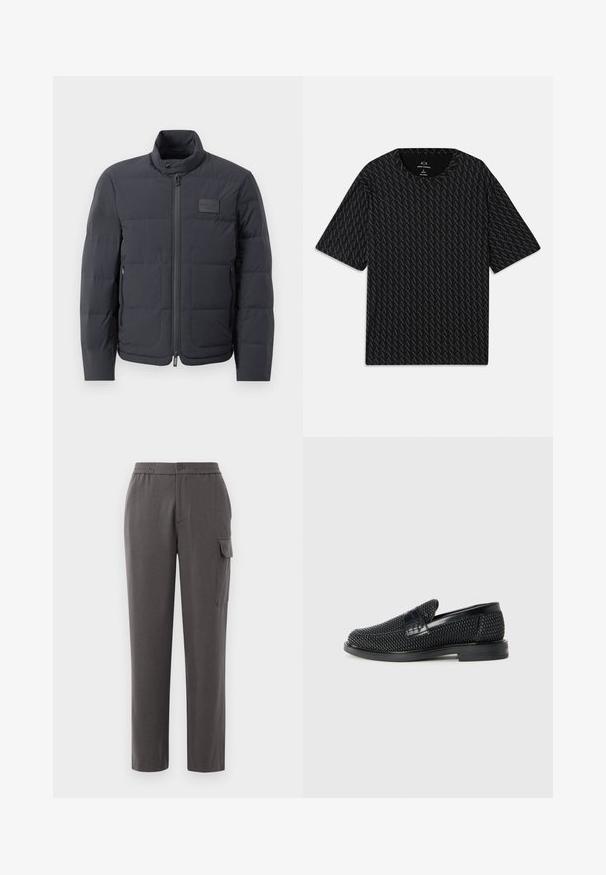 Giubbotto imbottito nero con colletto alto, texture trapuntata e zip frontale. Presenta una piccola patch con logo sul lato sinistro del petto e tasche laterali.; T-shirt nera con un motivo testurizzato di loghi 'A' alternati, maniche corte e scollo rotondo. Realizzata in tessuto leggero.; Pantaloni grigi con un fit rilassato, realizzati in un tessuto liscio. Presentano una chiusura con bottone, tasche laterali e una tasca cargo sulla gamba.; Scarpa nera a mocassino intrecciata con un accentuato in pelle liscia sulla parte superiore, design a punta rotonda e suola in gomma a profilo basso.