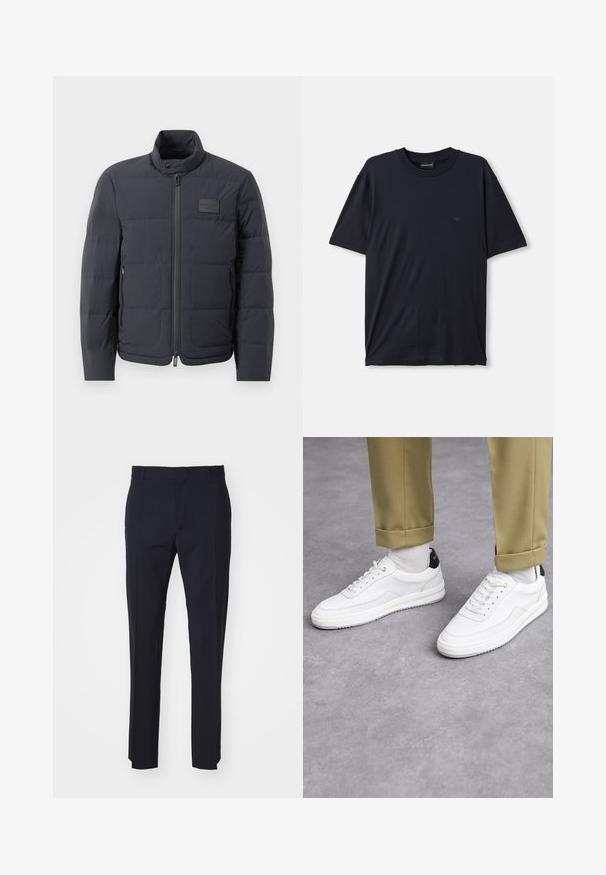 Schwarze Daunenjacke mit hohem Kragen, gestepptem Muster und einem Reißverschluss vorne. Verfügt über ein kleines Logopatch auf der linken Brust und seitliche Taschen.; Navy-blaues T-Shirt mit kurzen Ärmeln aus weichem Stoff, mit einem Rundhalsausschnitt und einem kleinen, dunklen Logo auf der Brust.; Marineblaue, maßgeschneiderte Hosen aus gewebtem Stoff, mit flachem Frontdesign, Gürtelschlaufen und geraden Beinen. Keine sichtbaren Muster oder Beschläge.; Weiße Sneakers mit einer strukturierten Lederoberfläche, abgerundeter Zehenpartie und schwarzem Fersenakzent. Gummisohle mit kleinem Profilmuster und genähten Details.