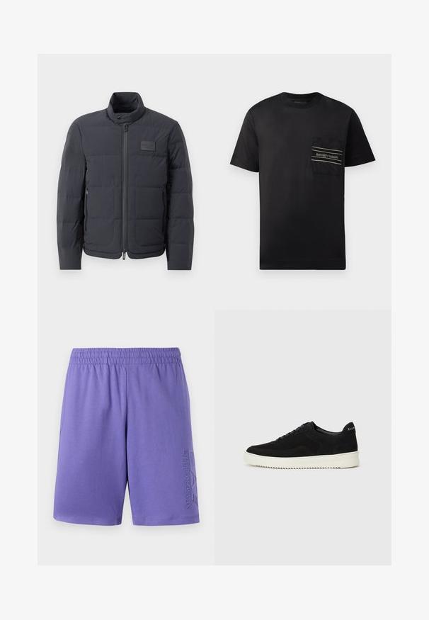 Svart puffjacka med hög krage, quiltad textur och dragkedja framtill. Har en liten logotipp på vänster bröst och sidfickor.; Svart kortärmad t-shirt i bomull med en närbild av bröstfickan som har en logotyp och två horisontella ränder i vitt och guld.; Lila sportshorts i mjukt material, med elastisk midja och prägling av logotypen på sidan för extra design.; Svarta mockaskor med snörningsdesign och kontrasterande vita gummisulor. Har texturerade sidopaneler och diskret branding på hälen.