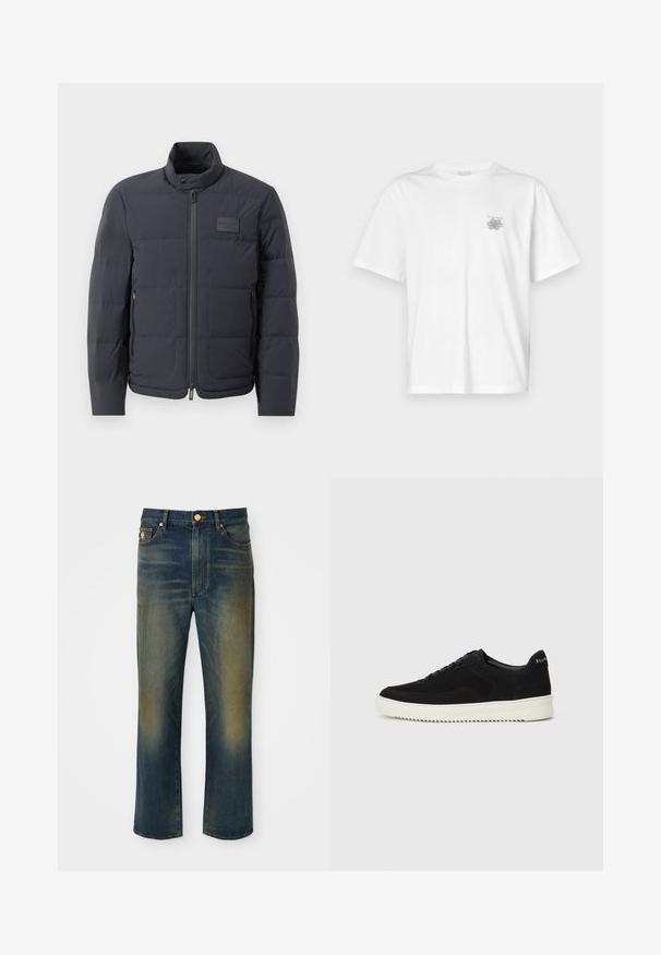 Jachetă puf neagră cu guler înalt, textură matlasată și fermoar frontal. Are un badge logo mic pe pieptul stâng și buzunare laterale.; Tricou alb din bumbac, cu mâneci scurte, guler rotund și un mic logo gri în zona stângă a pieptului. Textură netedă.; Blugi din denim albastru cu un design drept și pantaloni largi. Prezintă zoneestompate și o închidere cu nasture. Include buzunare frontale și detalii cu logo.; Adidași negri din suede cu design cu șireturi și talpă din cauciuc alb contrastant. Prezintă panouri laterale texturate și branding subtil pe toc.