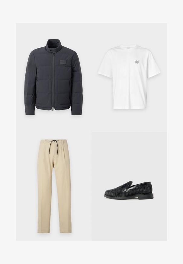 Fekete steppelt dzseki magas gallérral, steppelt textúrával és elülső cipzárral. Bal mellkason egy kis logófolt található, valamint oldalsó zsebek.; Fehér pamut póló rövid ujjakkal, kerek nyakkal, és egy kis szürke logóval a bal mellrészen. Sima tapintású.; Beige nadrág, egyenes fazonban, húzózsinórral a derékrészen, pliszírozott elejével és sima textúrájával. Egyszerű, sokoldalú dizájn.; Fekete szőtt slip-on cipő sima bőr díszítéssel a felsőrészen, kerek orral és alacsony profilos gumitalppal.