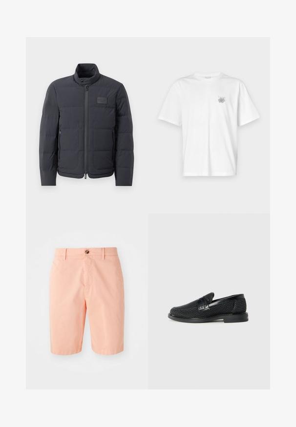 Must musternakk, millel on kõrge kaelus, tikkimise tekstuur ja esi tõmblukk. Iseloomustab väike logopatch vasakul rinnal ja küljetaskud.; Valge puuvillane T-särk lühikeste varrukatega, ümmarguse kaelusega ja väike hall logo vasakul rinnaosal. Sile tekstuur.; Peene värvi lühikesed püksid, mis on valmistatud kergest kangast, omad klassikalise disaini, ees nupanööbi kinnituse ja küljetaskud.; Must musta kootud slip-on king, millel on pehme nahast accent ülaserval, ümmargune varvas ja madal profiiliga kummitald.