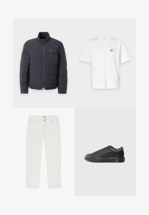 Black puffer jacket with a high collar, quilted texture, and a front zipper. Features a small logo patch on the left chest and side pockets.; White t-shirt made of cotton featuring short sleeves, a crew neck, and a small gray logo on the left chest area. Smooth texture.; White denim jeans with a straight fit, five-pocket design, and silver hardware accents. The material has a smooth texture and unembellished style.; Black leather sneaker with a smooth finish, rounded toe, and dark grey accents. Features lace-up design and textured rubber sole.