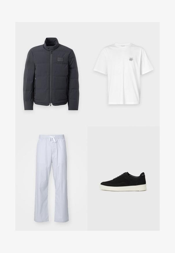 Doudoune noire avec un col montant, texture matelassée et fermeture éclair à l'avant. Elle possède une petite étiquette avec logo sur la poitrine gauche et des poches latérales.; T-shirt blanc en coton avec des manches courtes, un col ras du cou et un petit logo gris sur la partie gauche de la poitrine. Texture lisse.; Pantalons de pyjama rayés bleu clair avec une taille élastique et un cordon de serrage. Fabriqués dans un tissu lisse, avec un design décontracté et des jambes droites.; Baskets en daim noir avec un design à lacets et une semelle en caoutchouc blanc contrastant. Comprend des panneaux latéraux texturés et un logo subtil sur le talon.