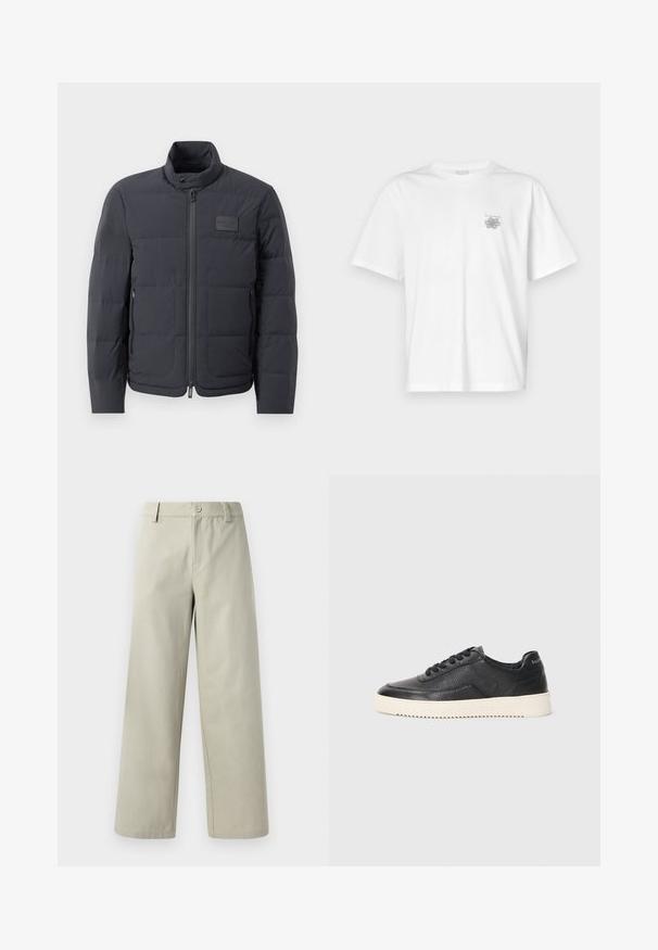 Črna napihnjena jakna z visokim ovratnikom, prešito teksturo in sprednjim zadrgo. Ima majhno logo nalepko na levem prsnem delu in stranske žepe.; Bela majica iz bombaža s kratkimi rokavi, okroglim izrezom in majhnim sivim logotipom na levi strani prsnega dela. Gladka tekstura.; Han Kjøbenhavn WIDE LEG - Hlače - light grey; Črne usnjene superge z teksturiranim zaključkom, okroglo konico in ravnim belim gumijastim podplatom. Imajo črne vezalke in označbo na peti.