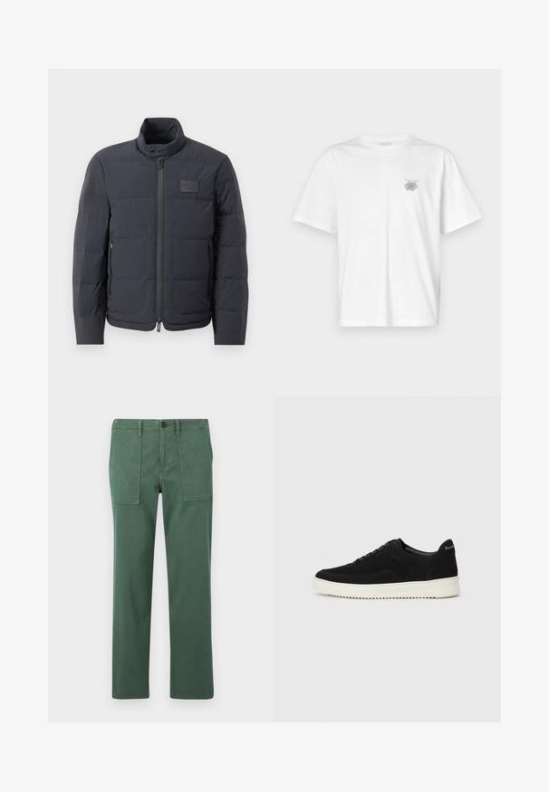 Juodas pūkuotas džemperis su aukštu kaklu, siuvinėta tekstūra ir priekiniais užtrauktukais. Yra mažas logotipo pleistras kairėje krūtinės pusėje ir šoniniai kišeniai.; Balta medvilninė marškinėlių, su trumpomis rankovėmis, apykaklė nei per aukšta, nei per žema, ir mažas pilkas logotipas kairėje krūtinės pusėje. Lygi tekstūra.; Žalios medvilnės kelnės su tiesiomis kojomis, turinčios dvi priekinės kišenes ir mygtuko užsegimą. Glotni tekstūra ir kasdieniškas stilius.; Juodos veliūrinės sportinės bateliai su raištelių dizainu ir kontrastinga balta gumine padais. Yra tekstūruoti šoniniai skydeliai ir subtilus logotipas ant kulno.