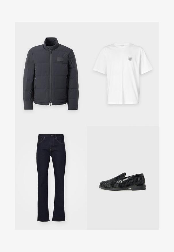 Melna pūkaina jaka ar augstu apkakli, quiltota tekstūra un priekšējo rāvējslēdzēju. Iekļauj mazu logotipa plāksteri kreisajā krūtī un sānu kabatas.; Baltas kokvilnas T-krekls ar īsām piedurknēm, apaļu dekoltē un mazu pelēku logo kreisajā krūšu daļā. Gluda tekstūra.; Tumšas izskata džinsu bikses ar taisnu kāju dizainu, ar kontrastējošu šūšanu un standarta jostas vietu ar pogu aizdari.; Melnas austas slaidu kurpes ar gludu ādas akcentu augšpusē, apaļas formas purngalu un zemas profila gumijas zoli.